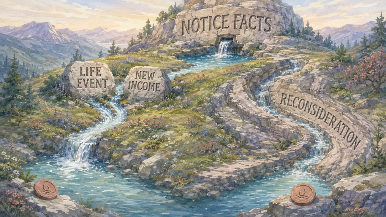 Illustrated mountain streams flow from “Notice Facts” toward paired “Life Event” and “New Income” markers or a separate “Reconsideration” channel.
