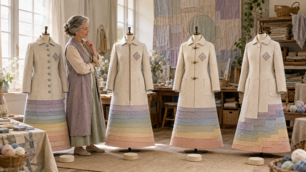 A woman compares four identically designed coats with different closures and layered hems, illustrating how same-letter Medigap policies can differ in pricing structure, rate history, and switching rights.