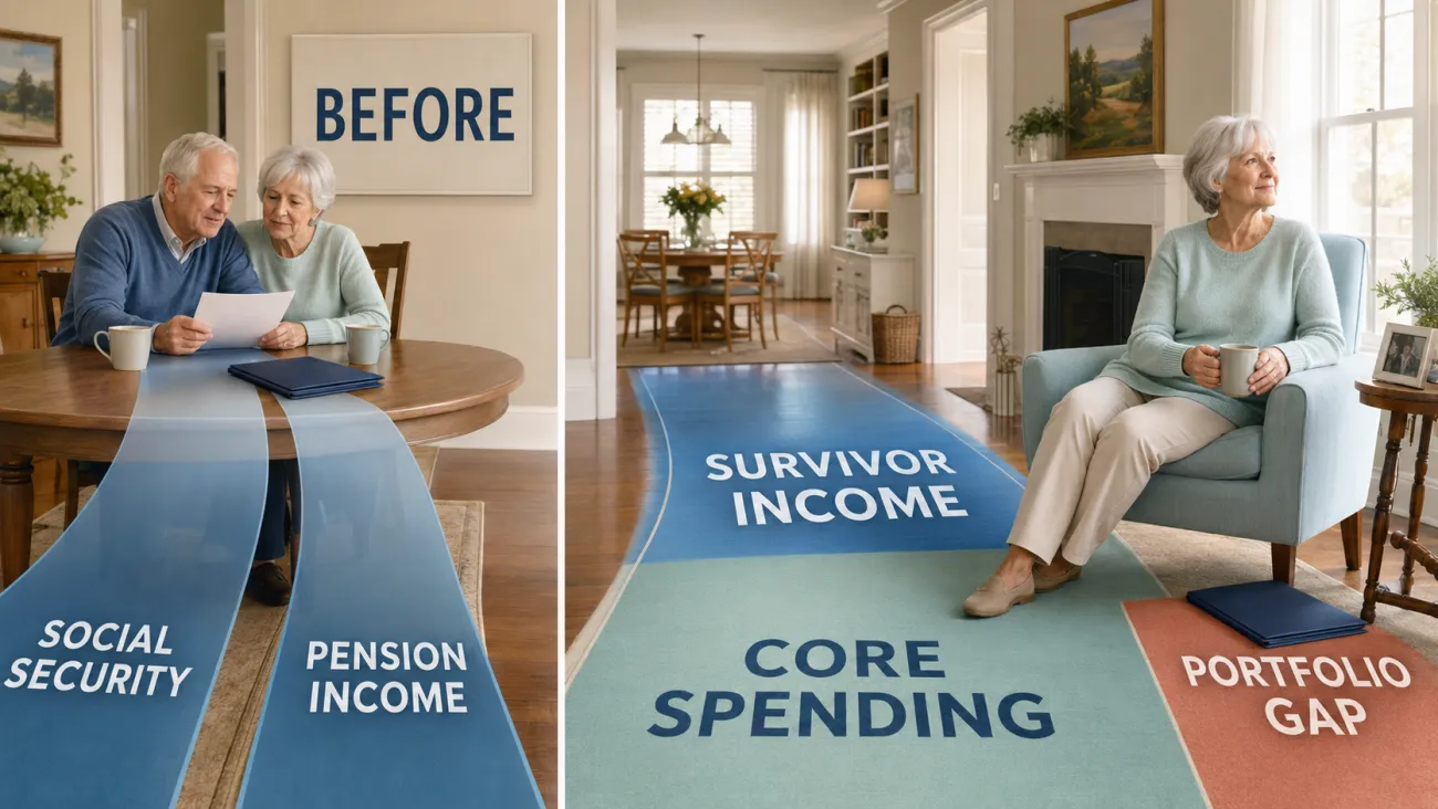 A retired couple appears in the before scene; the survivor scene shows continuing income covering core spending and the portfolio filling only the remaining gap.