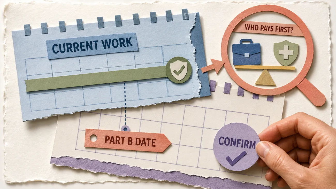 Layered paper calendars show current-work coverage, payer order, and a Part B enrollment date coordinated before coverage ends.