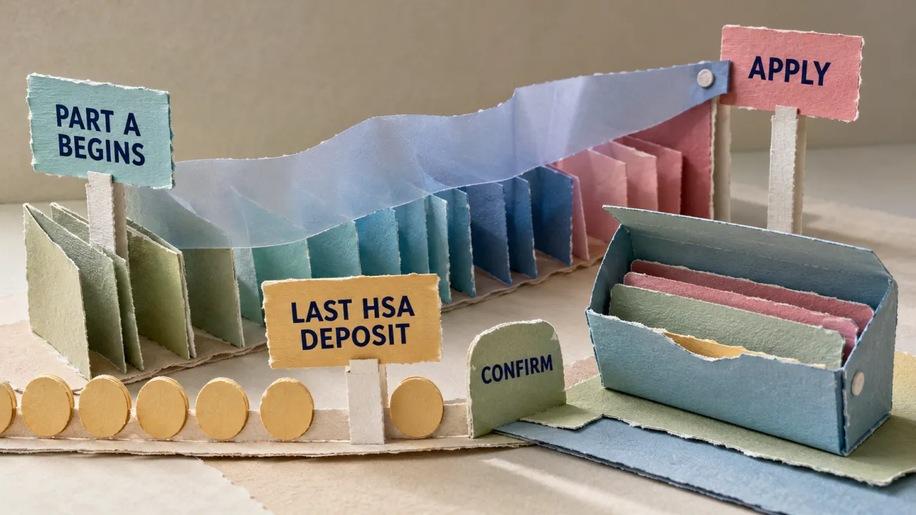 A layered paper timeline shows Part A beginning before the Medicare application date, with the last HSA deposit occurring earlier and the account remaining open.