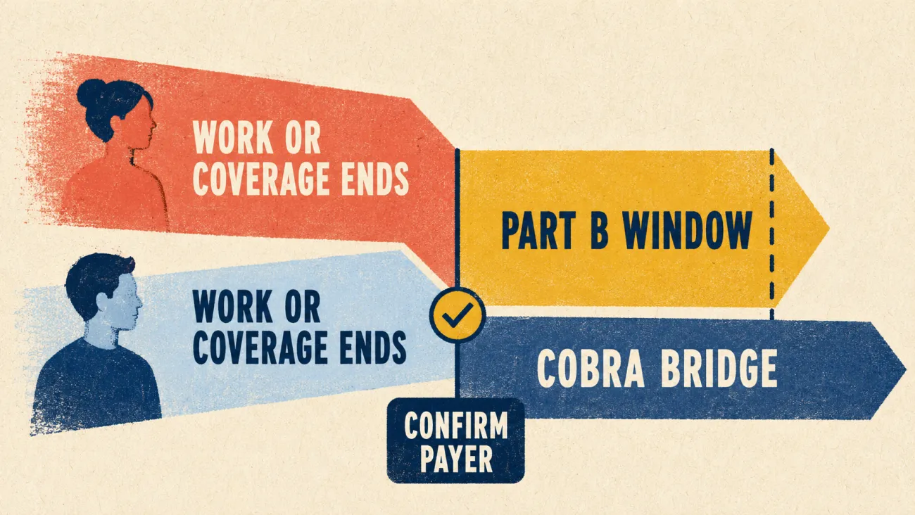 Illustration showing the Part B enrollment window beginning when work or job-based coverage ends, while COBRA continues on a separate timeline and payer order still requires confirmation.