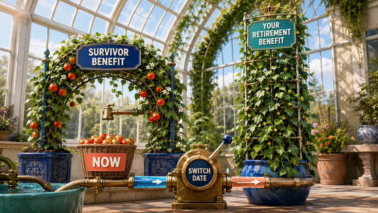 A greenhouse shows a survivor benefit producing income now while a separate retirement benefit continues growing toward a planned switch date.