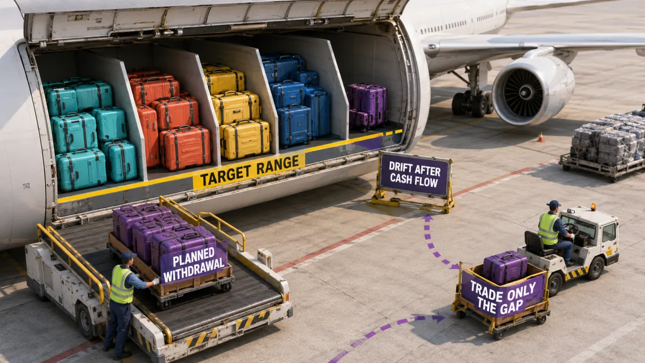 Airport crew removes luggage marked “Planned Withdrawal” before repositioning the smaller remaining load labeled “Trade Only the Gap” within the target range.