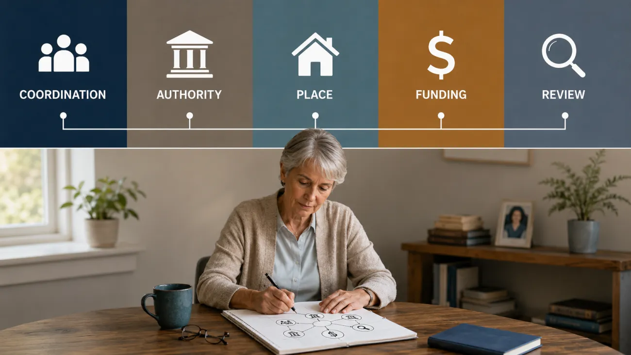 A retiree reviews a care plan connecting five distinct jobs: coordination, authority, place, funding, and review.