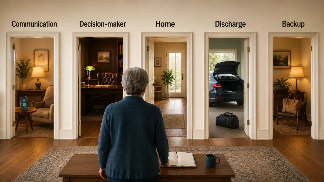 A solo retiree faces five labeled doorways representing separate communication, decision-making, home, discharge, and backup roles in a hospitalization plan.