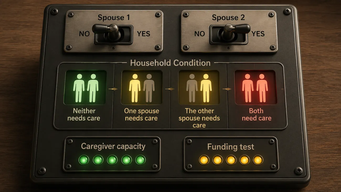 A two-switch control panel shows four possible household states—neither spouse, one spouse, the other spouse, or both spouses needing care—alongside caregiver-capacity and funding tests.