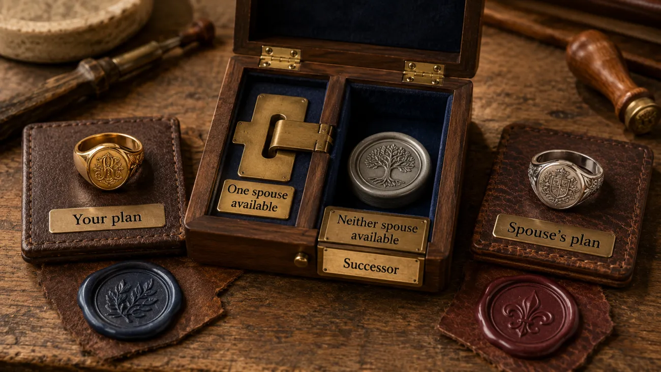 Two distinct signet rings represent each spouse’s separate plan, while an open continuity case shows the roles for when one spouse—or neither spouse—is available.