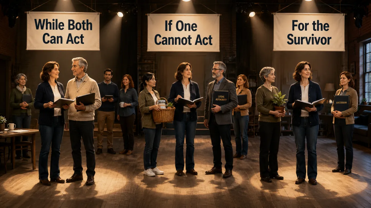 A couple and trusted supporters stand beneath three stage banners—“While Both Can Act,” “If One Cannot Act,” and “For the Survivor”—showing how practical help, formal authority, and successor roles continue as household circumstances change.