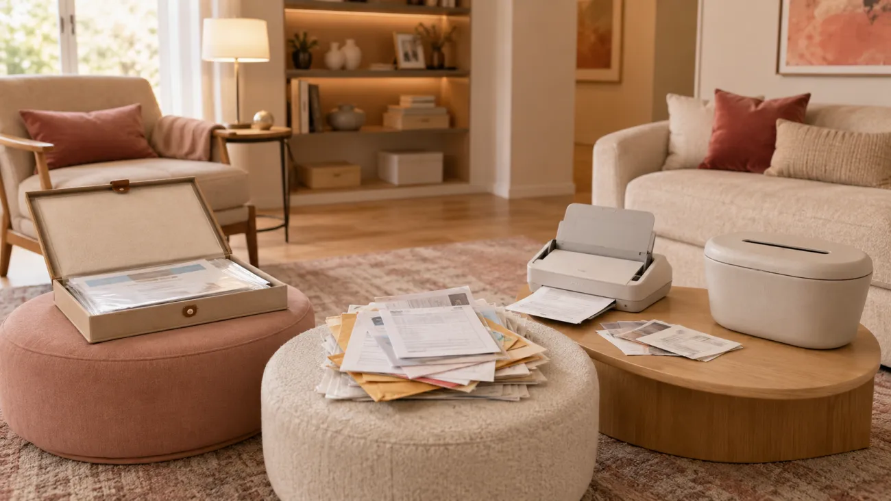 A calm living room scene shows a mixed pile of papers being separated among a protective document box, a scanner, and a secure discard container to show that records are easier to sort when each one’s job is clear.
