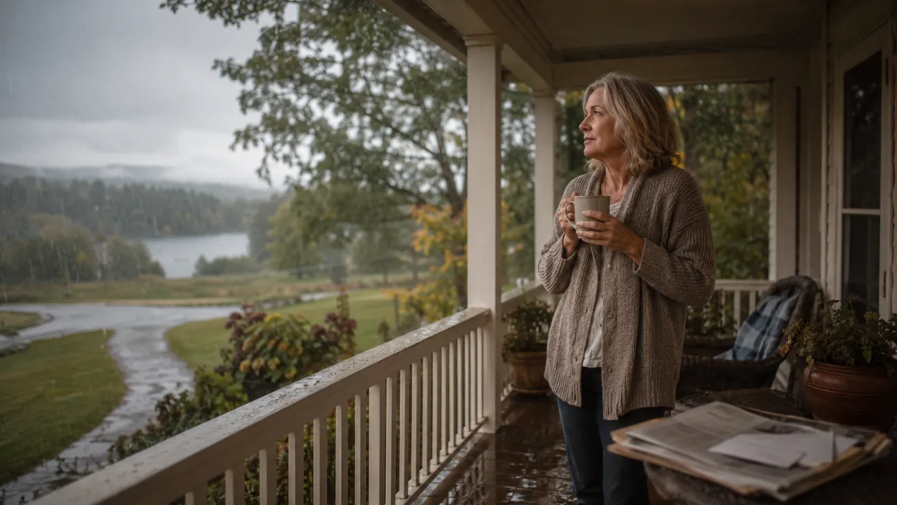 A woman in her 60s stands on a covered porch with a mug, looking out at the rain before responding to what has changed.
