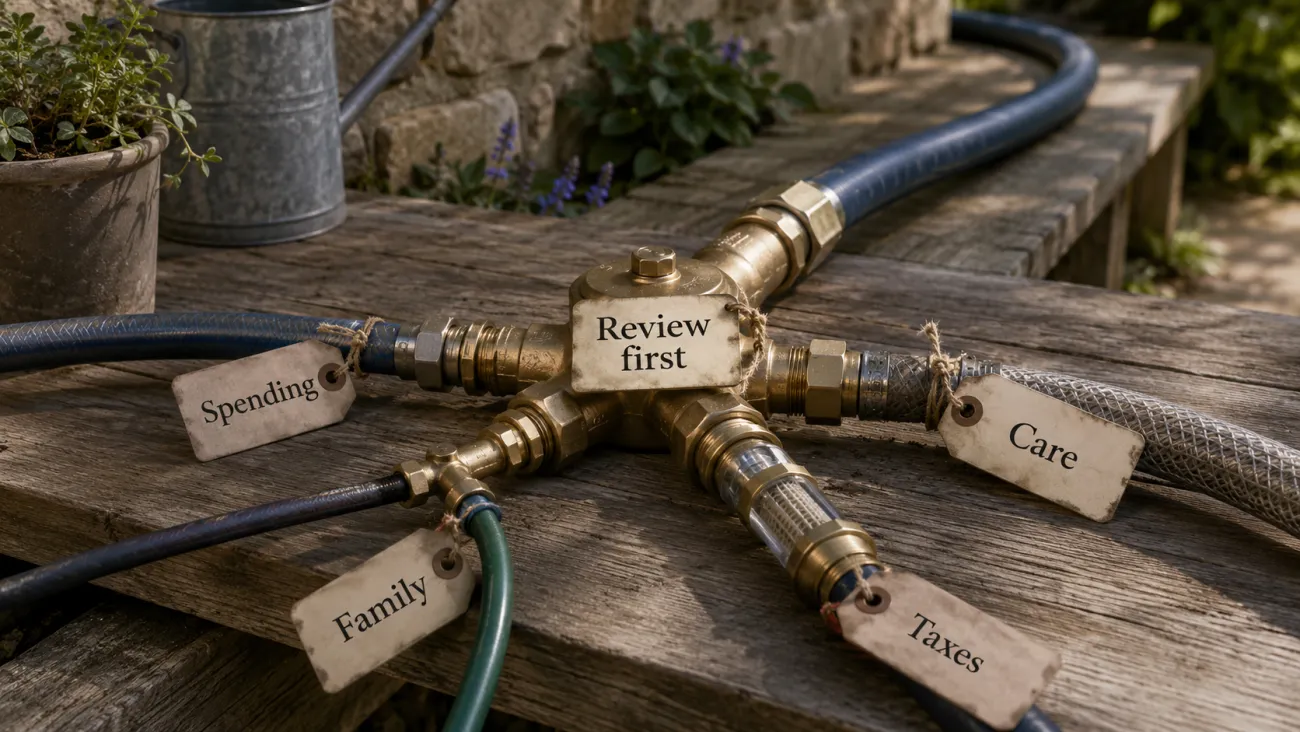 Brass hose manifold with tags for Spending, Care, Family, and Taxes feeding into a central Review first point.