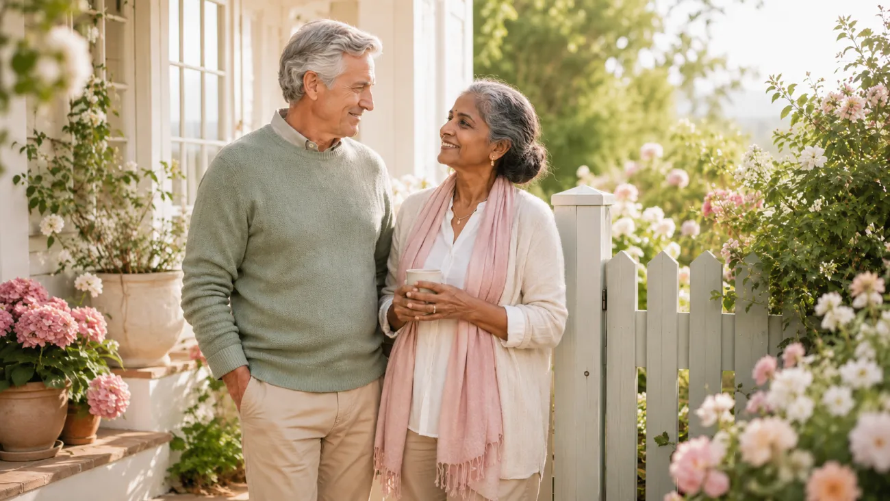 A couple stands together in a bright cottage garden, reflecting on a shared retirement future and the timing choices that can shape it.