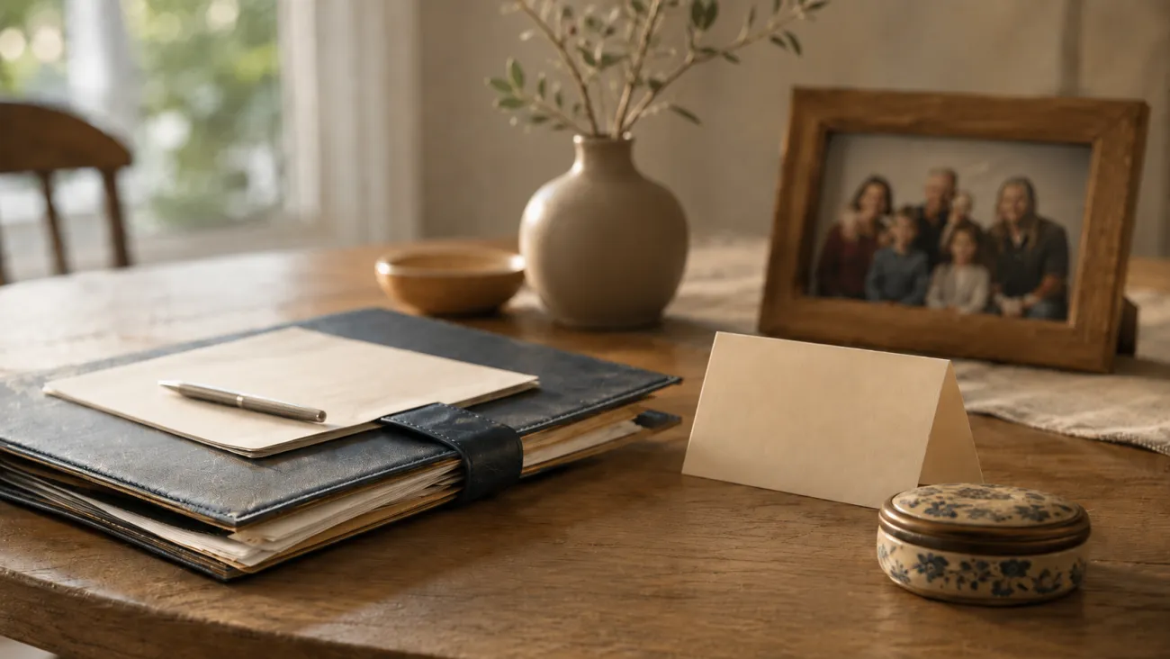 Estate planning documents rest on a table beside a family photograph and a blank note card, representing a conversation about what an inheritance is meant to protect, support, or make easier before legal documents are finalized.