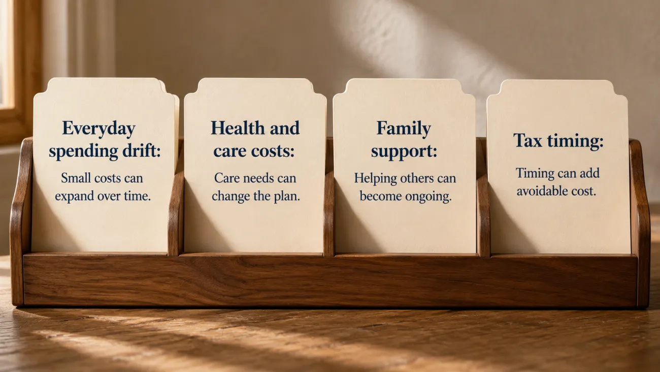 File dividers labeled everyday spending drift, health and care costs, family support, and tax timing, illustrating how recurring retirement spending patterns can affect a financial plan.
