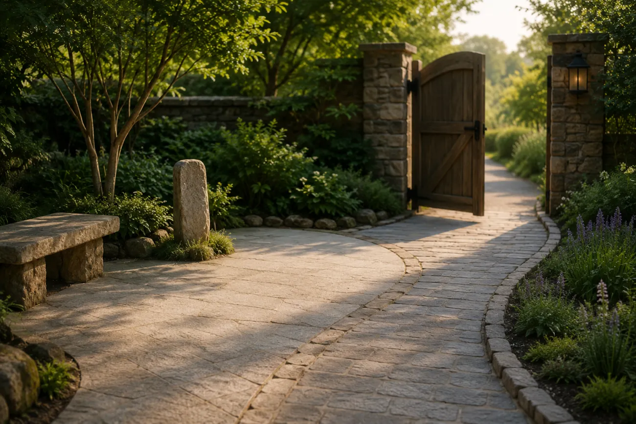 A quiet stone garden path leading through an open gate, representing the gradual process of moving from an initial financial planning conversation toward greater clarity