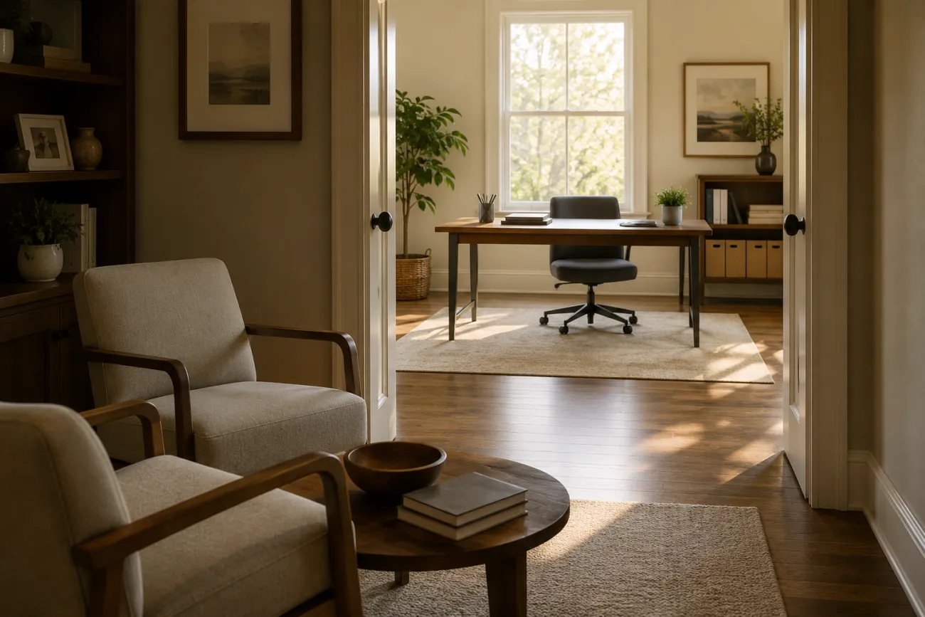 Bright, welcoming financial planning office viewed from a comfortable meeting area, with an organized advisor workspace beyond an open doorway, representing the beginning of a new planning relationship.