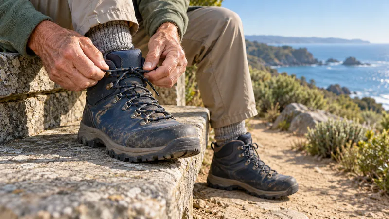 An older adult adjusts a worn hiking boot beside a sunlit coastal trail.