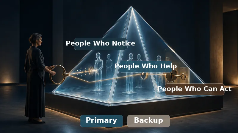 A woman directs three paired support roles inside a glass prism, distinguishing people who notice, people who help, and people who can act, with primary and backup coverage.