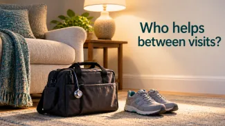 A nurse’s bag and walking shoes sit beside an armchair beneath the question “Who helps between visits?”