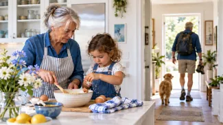 A grandmother cooks with her granddaughter while a grandfather heads outside with a backpack.