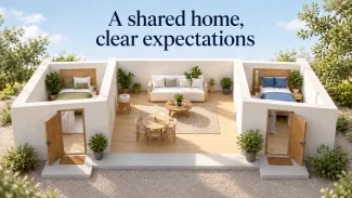 A model home has private bedrooms beside a shared living space, with the words “A shared home, clear expectations.”