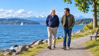 An older man and a younger adult walk together beside blue water, talking calmly on a sunlit path.