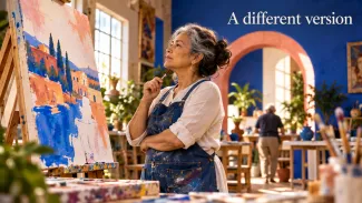 An older woman considers her painting in a colorful art studio beneath the words “A different version.”