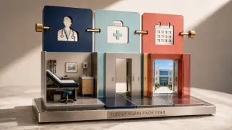 A layered model aligns a doctor, health plan, and coverage year to create a continuous path from an examination room to a hospital.