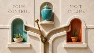 A turquoise inheritance vessel rests above a lever directing it toward “Your Control” or “Next in Line.”
