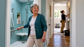 An older woman uses a grab bar beside an accessible shower while a contractor works in an adjoining room.