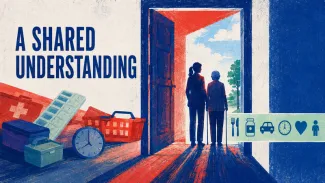 An adult daughter and older parent stand together in an open doorway as caregiving needs become an organized shared arrangement.