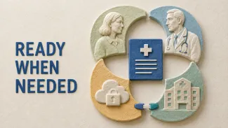 A ceramic relief connects a health agent, physician, secure backup, and care setting around an accessible advance directive.