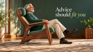 An older man relaxes in a fitted green chair beside the words “Advice should fit you.”