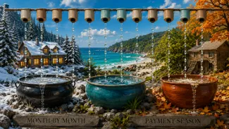 Twelve monthly water catchers fill three vessels set within winter, summer, and autumn landscapes.
