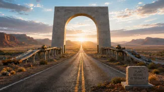 A desert highway approaches a monumental stone arch while two advance routes are built beside it under the words “Plan Before Retirement.”