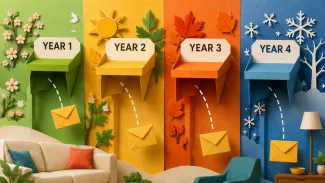 Four seasonal paper channels release envelopes labeled Year 1 through Year 4 toward a home.