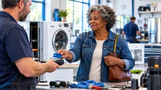 An older woman pays by card at an appliance-repair counter while holding her closed purse.