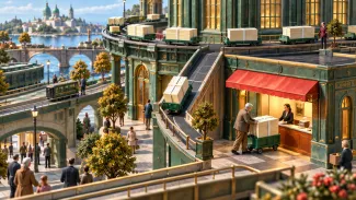 In a miniature city, a cart carries money from an elevated circulating route down to a payment counter.