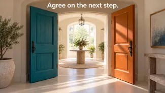 Teal and orange doors open into a sunlit room beneath the words “Agree on the next step.”