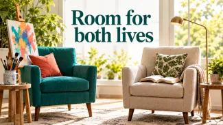 Two armchairs beside painting supplies and an open book, with the words “Room for both lives.”