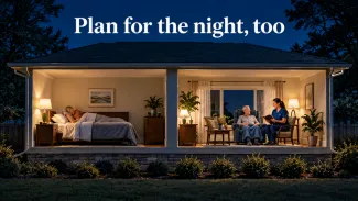 A cutaway home at night shows one spouse sleeping while a caregiver sits with the other, beneath the words “Plan for the night, too.”