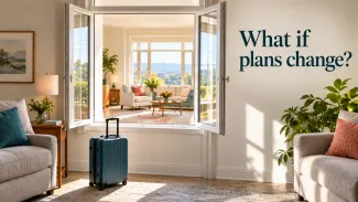 A teal suitcase stands beneath an open window revealing another sunny apartment, beside the words “What if plans change?”