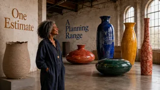A woman stands beside one unfinished vessel and several differently shaped finished vessels, illustrating how one long-term-care estimate can become a planning range.