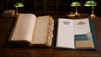 An old shared giving ledger rests beside a new portfolio labeled Shared Plan and New Approach.