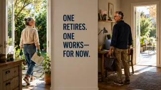 A couple follows different daily paths from their shared home: one spouse enters retirement while the other continues working with a later exit still open.