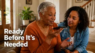An older mother leads a calm speakerphone rehearsal with her adult daughter before insurance help is needed.