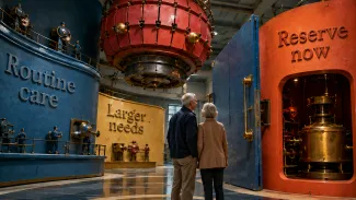 An older couple considers routine care and larger needs within a colorful mechanical hall.