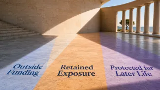 Three fields separate insured care costs, retained exposure, and later-life resources.