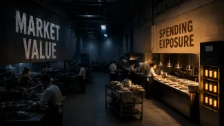 A large shadowed commercial kitchen contrasts with a smaller illuminated service line, labeled “Market Value” and “Spending Exposure.”